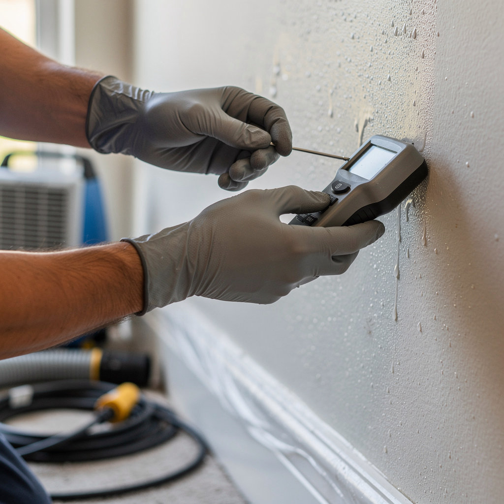 Rainbow Restoration of San Diego County technician using professional equipment during the water damage assessment and drying process
